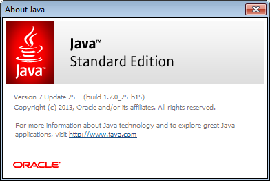 Java version listed in the About Java dialog of the Java Control Panel